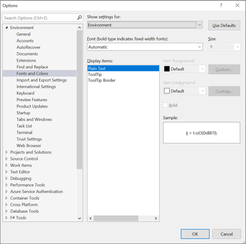 Capture d’écran de la boîte de dialogue Options pour modifier les polices et les couleurs dans l’IDE