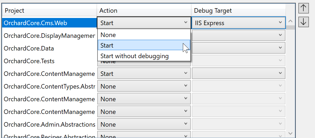 Capture d’écran montrant les options de démarrage d’un projet.