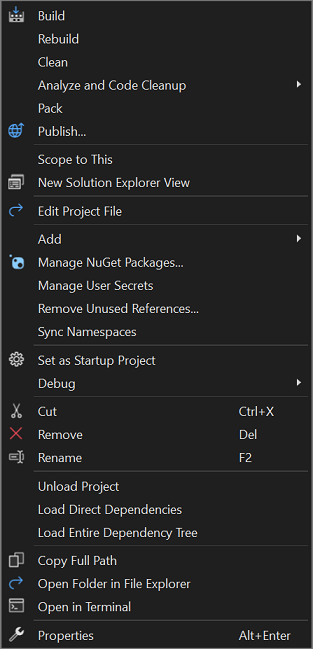 Capture d’écran du menu contextuel en cliquant avec le bouton droit sur un nœud de projet dans l’Explorateur de solutions.