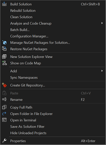 Capture d’écran du menu contextuel en cliquant avec le bouton droit sur un nœud de solution dans l’Explorateur de solutions.