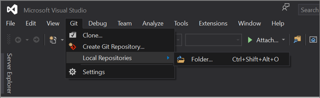 Capture d’écran du menu Git dans Visual Studio 2019 version 16.8 et ultérieure, avec l’option Dépôts locaux développée.