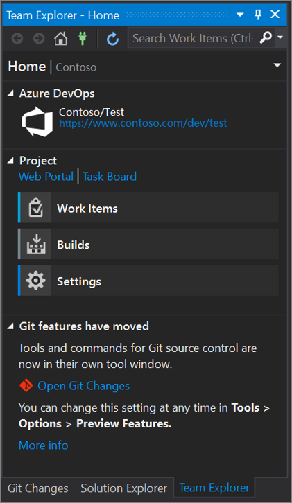 Capture d’écran de la boîte de dialogue « Team Explorer » de Visual Studio 2019 version 16.8 et ultérieure.