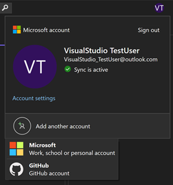 Capture d’écran de l’utilisation de l’option Ajouter un autre compte pour ajouter un compte GitHub.