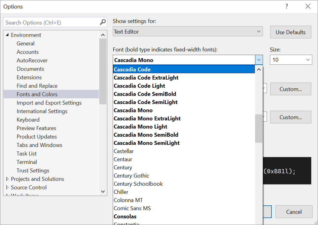 Capture d’écran des polices Cascadia disponibles dans la boîte de dialogue Options.