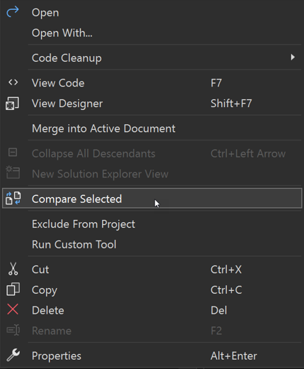 Capture d’écran de l’élément de menu contextuel Comparer les éléments sélectionnés.