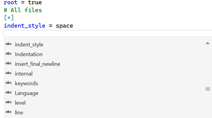 Capture d’écran montrant IntelliSense dans un fichier EditorConfig.