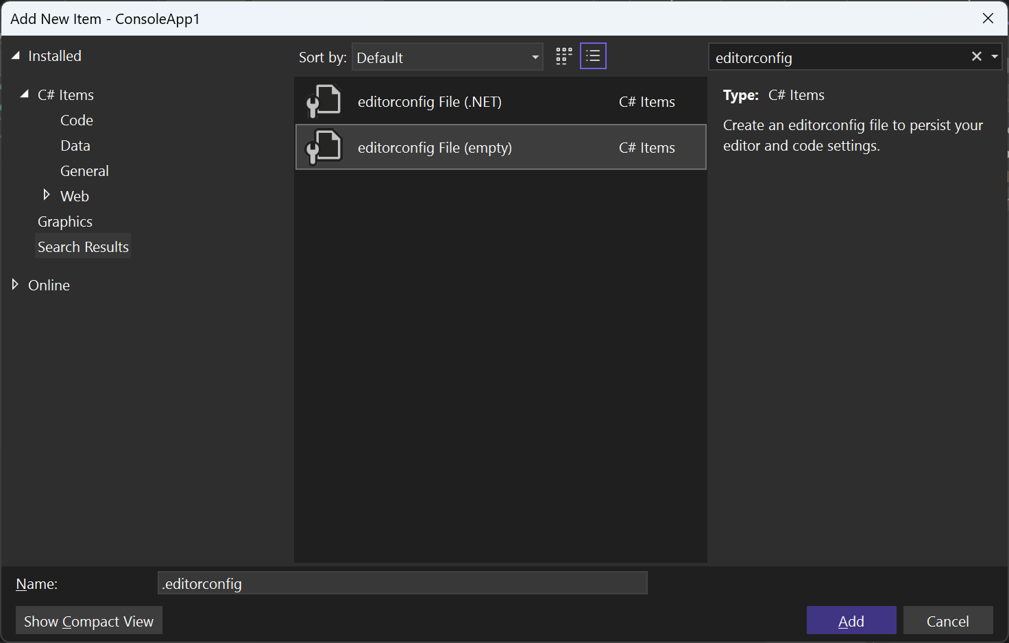 Capture d’écran montrant les modèles d’élément de fichier EditorConfig dans Visual Studio.