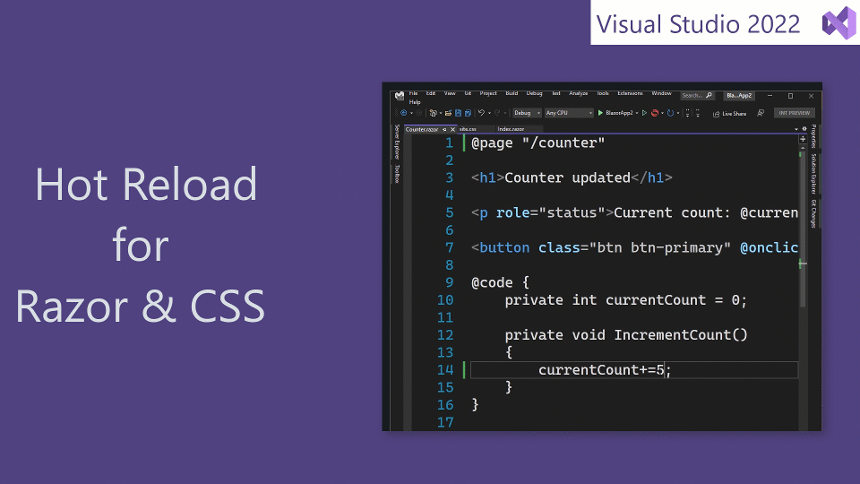 Animation of Hot Reload in Razor and Blazor apps, and in CSS files live.