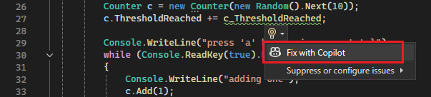 Capture d’écran montrant l’option Action rapide GitHub Copilot pour l’ampoule.