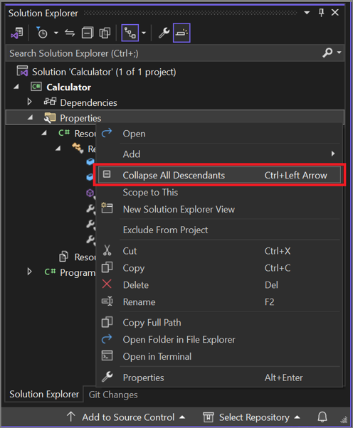 Capture d’écran de la commande Réduire tous les descendants à partir du menu contextuel dans l’Explorateur de solutions.