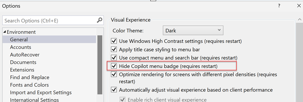 Capture d’écran de l’option permettant de masquer le badge copilot dans Tools > Options.