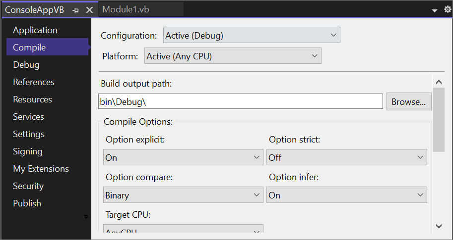 Capture d’écran du Concepteur de projets, avec l’onglet Compiler sélectionné.