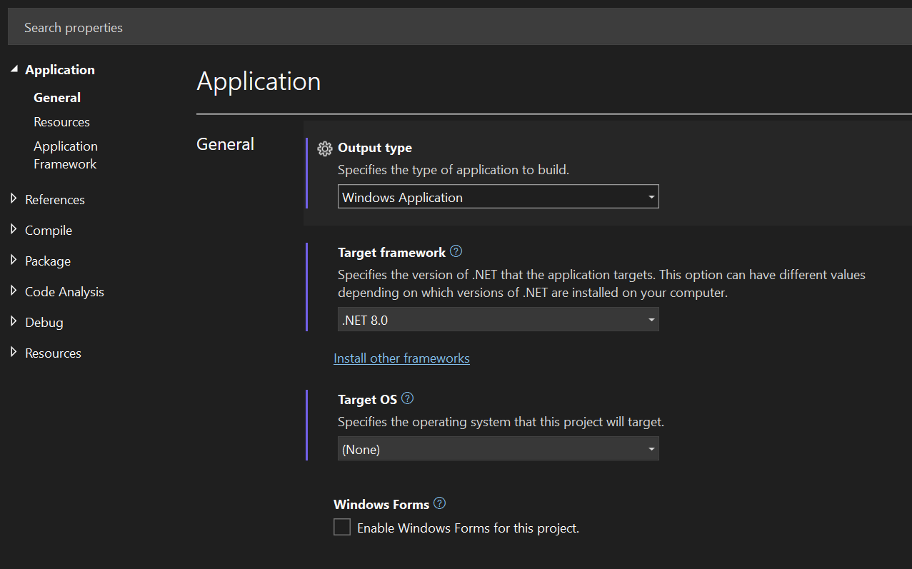 capture d’écran du Concepteur de projets .NET dans Visual Studio 2022 avec .NET 8.0 comme framework cible.