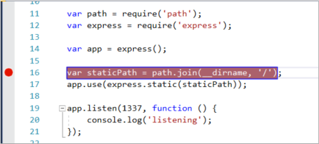 Capture d’écran montrant un point d'arrêt défini pour la déclaration staticPath dans server.js.