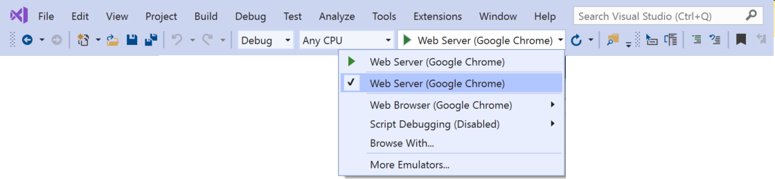 Capture d’écran montrant la sélection de Chrome comme cible de débogage.