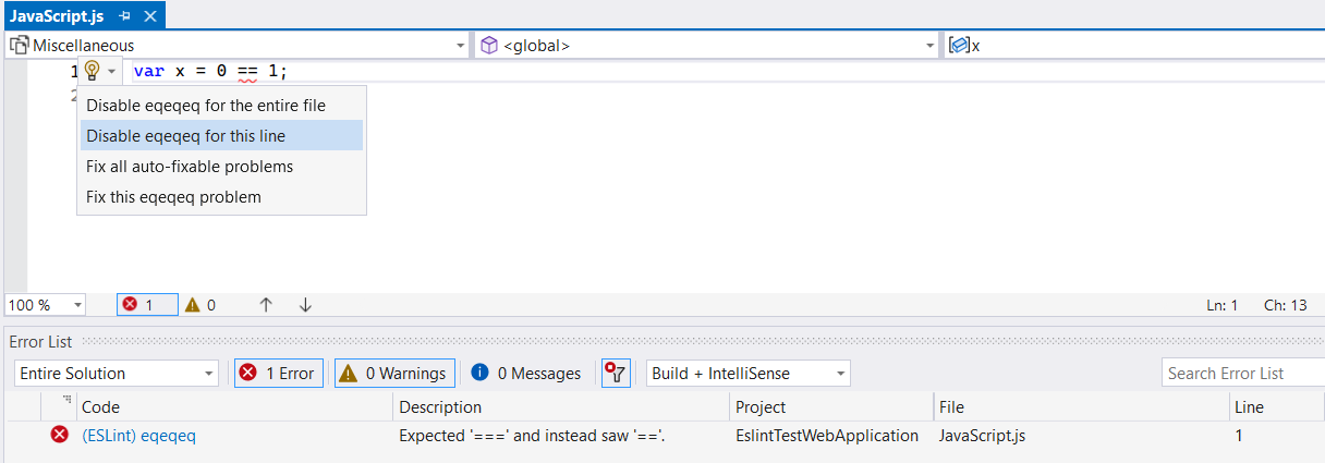 Capture d’écran des actions rapides du linting.