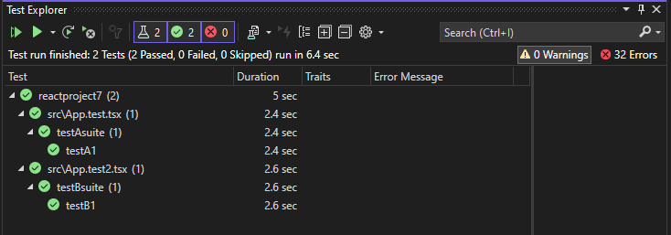 Capture d’écran des résultats de l’Explorateur de tests (.esproj).