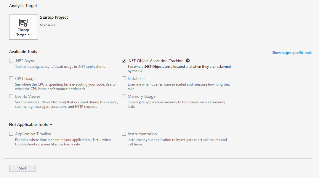 Capture d’écran de l’outil Dotnet Object Allocation Tracking sélectionné.