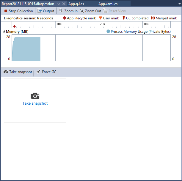 Capture d’écran de la fenêtre Outils de diagnostic dans visual Studio Performance Profiler montrant un graphique de chronologie de l’utilisation de la mémoire de l’application. Vue d’ensemble du rapport de mémoire