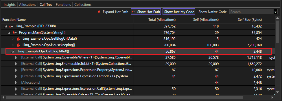 Capture d’écran des allocations de mémoire réduites dans l’outil Allocation d’objets .NET.