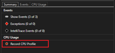 Capture d’écran montrant que les outils de diagnostic activent le profilage du processeur.