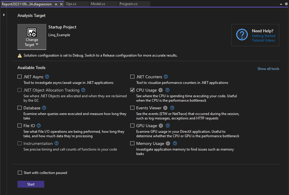 Capture d’écran des outils de diagnostic.