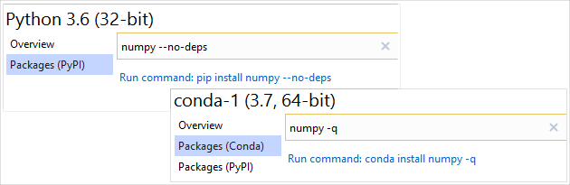 Utilisation d’arguments avec les commandes d’installation pip et conda