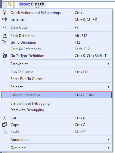 Capture d’écran montrant comment utiliser l’option de menu Envoyer à interactive dans Visual Studio.