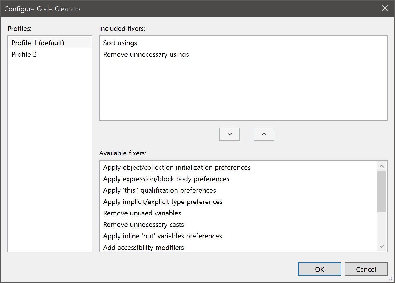 Boîte de dialogue de configuration du nettoyage du code