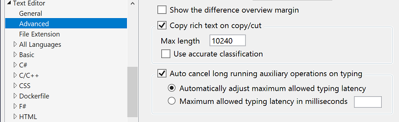 Options de latence de frappe de Visual Studio