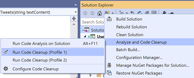 Cliquez avec le bouton droit pour exécuter un nettoyage du code sur l’ensemble de la solution