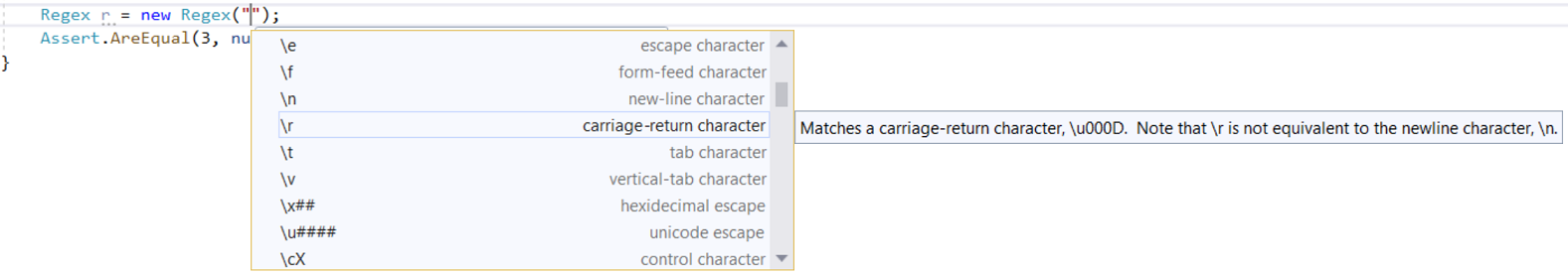 Saisie semi-automatique d’expression régulière proposée dans IntelliSense avec (Ctrl + espace)