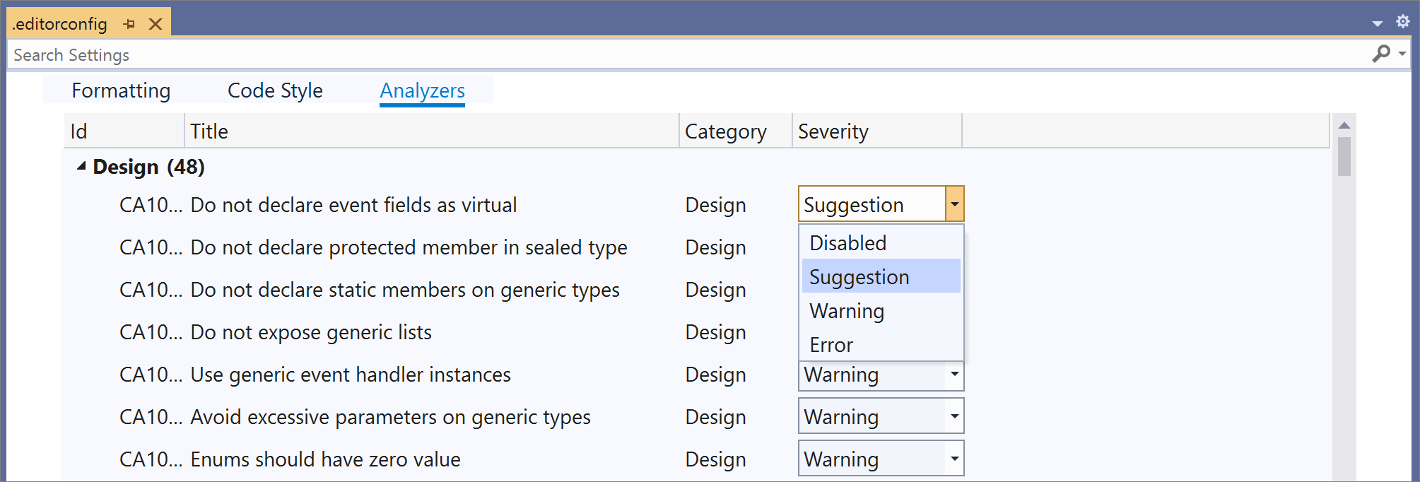 Interface utilisateur Editorconfig