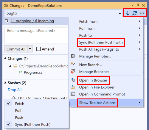 Menu de dépassement de capacité Modifications Git avec des légendes à synchroniser, ouverture dans le navigateur et actions de barre d’outils.