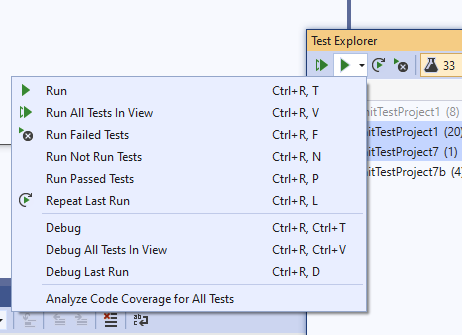 Commandes Exécuter/Déboguer tous les tests dans la vue pour l’Explorateur de tests