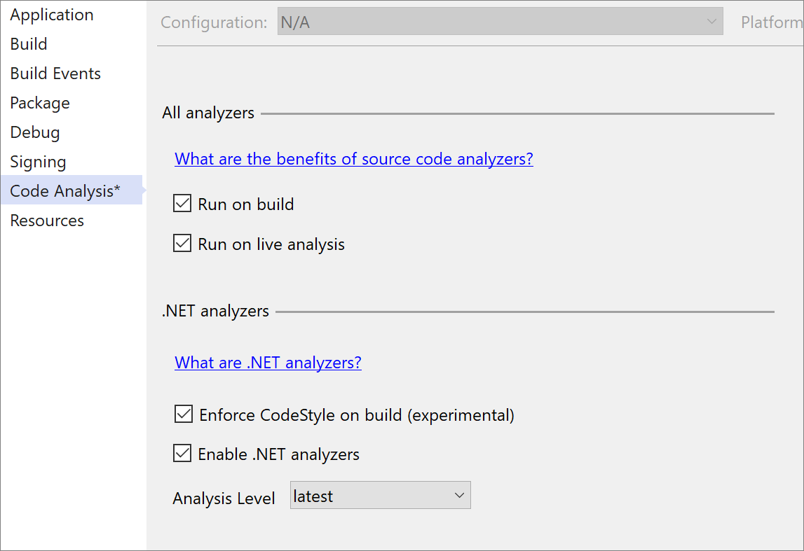 Fenêtre Propriétés du projet pour activer les analyseurs de style de code .NET