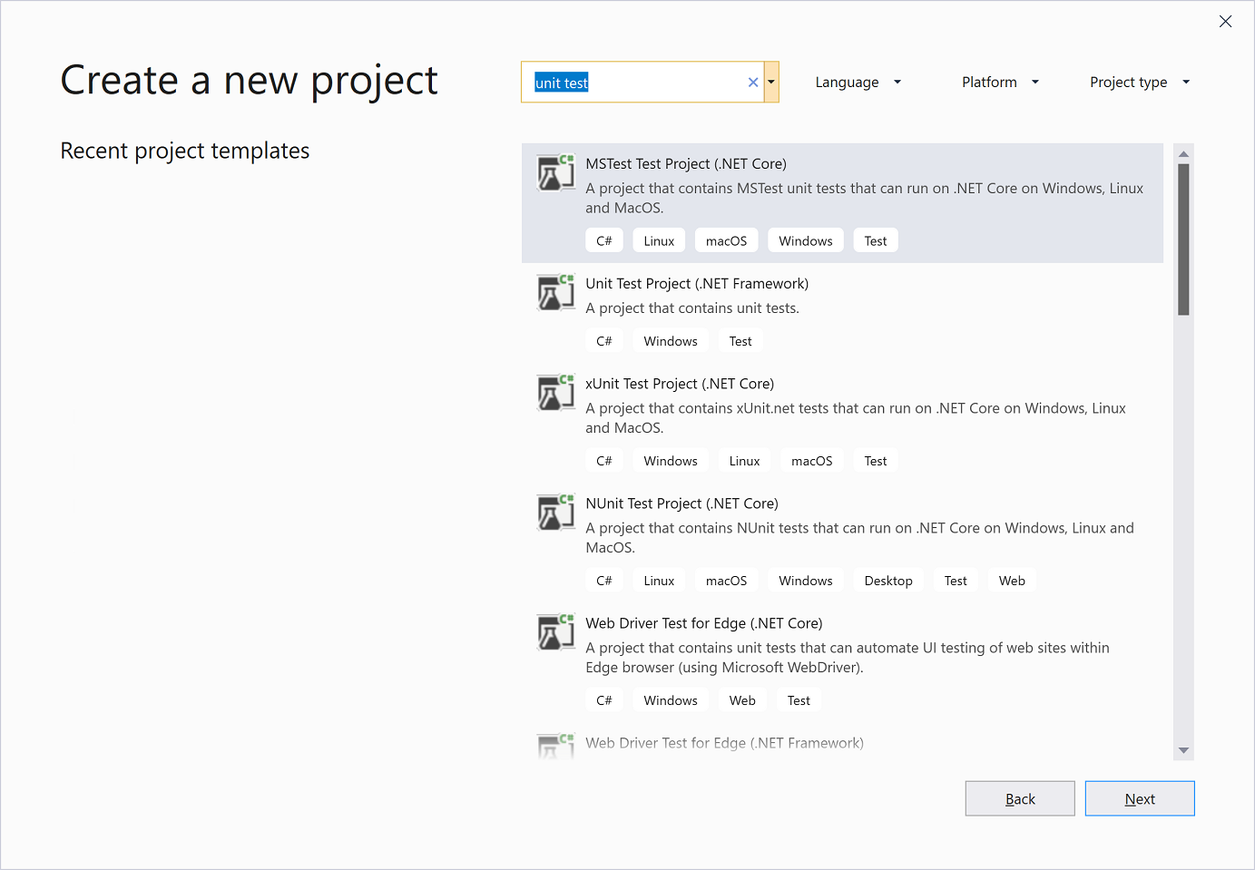 Capture d’écran des modèles de projet de test dans Visual Studio 2019.