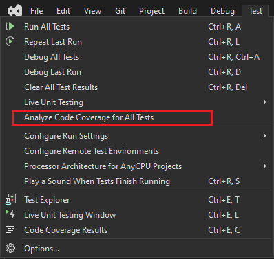 Capture d’écran du menu Test avec Analyser la couverture du code mise mis en évidence.