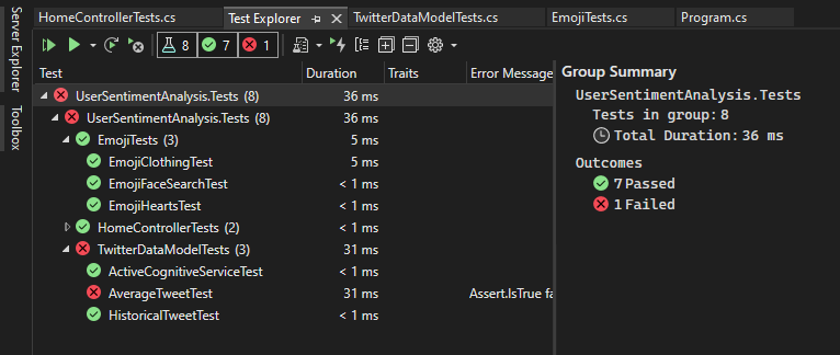 Capture d’écran montrant une liste de tests dans l’Explorateur de tests.