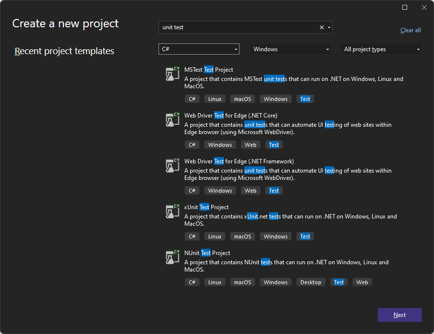 Capture d’écran des modèles de projet de test dans Visual Studio 2022.