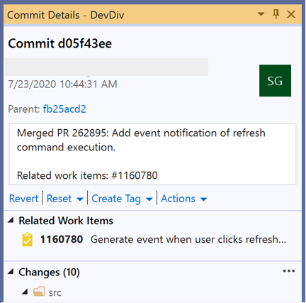 La Boîte de dialogue Détails de commit dans Visual Studio 