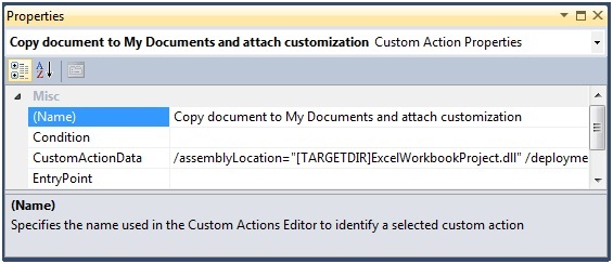 Capture d’écran de l’action personnalisée pour copier le document dans la fenêtre Propriétés dans Mes documents