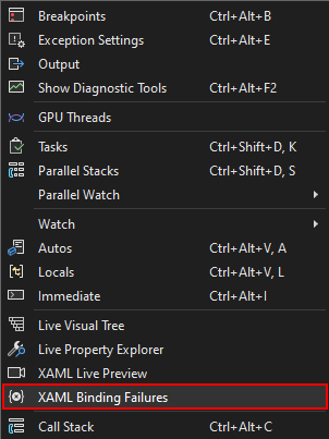 Screenshot of the XAML Binding Failures option in the Debug menu.