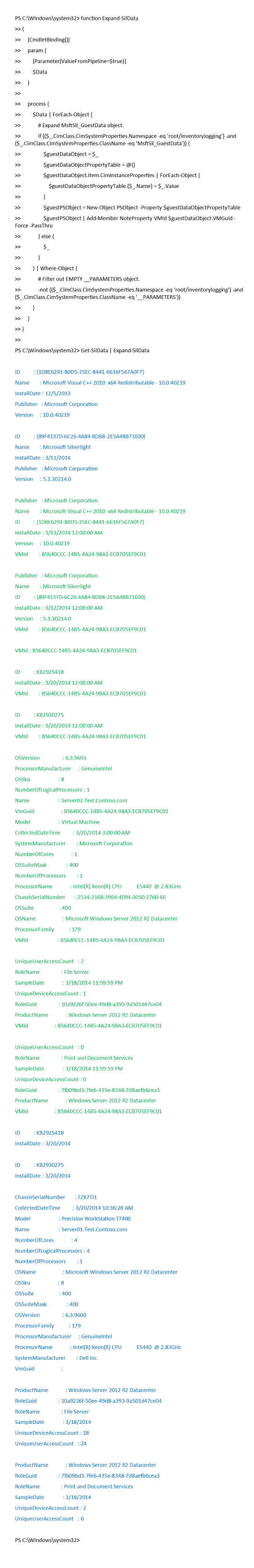 Capture d’écran du second exemple de rapport de sortie qui inclut la fonction Expand-SilData.