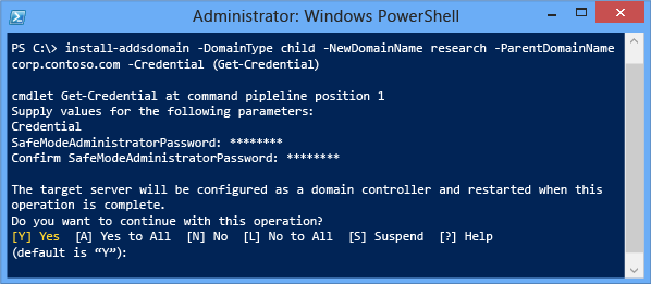 Capture d’écran d’une fenêtre de terminal montrant la phase d’installation avec les arguments requis minimaux -domaintype, -newdomainname, -parentdomainname et -credential.