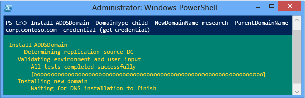 Capture d’écran d’une fenêtre de terminal montrant la progression de l’installation avec les arguments minimum requis -domaintype, -newdomainname, -parentdomainname et -credential.