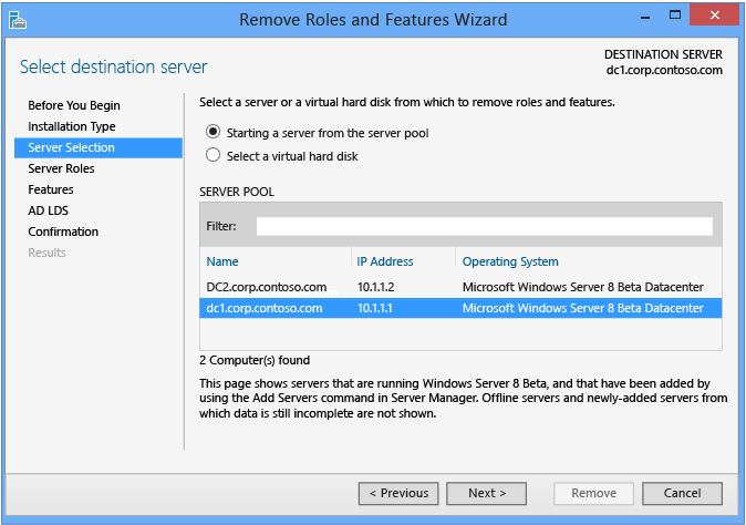 Capture d’écran montrant la page Sélection du serveur dans l’Assistant Suppression de rôles et de fonctionnalités.