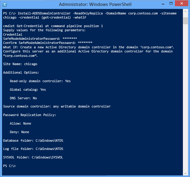 Capture d’écran de la fenêtre PowerShell montrant les résultats de la cmdlet Install-ADDSDomainController sans déploiement intermédiaire.