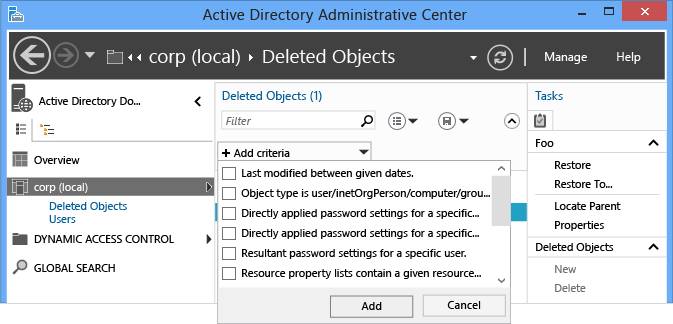 Capture d’écran montrant les options de filtrage disponibles pendant une restauration.