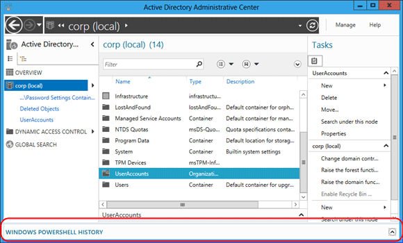 Capture d’écran montrant la Visionneuse de l’historique Windows PowerShell du Centre d’administration Active Directory.